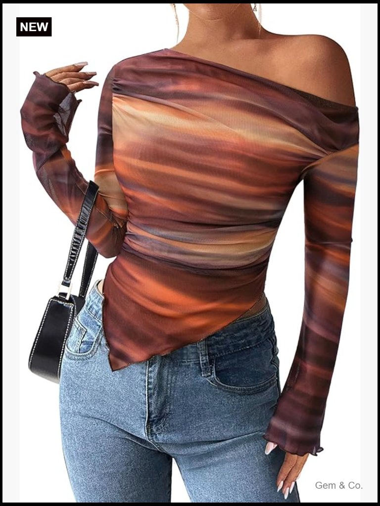Off Shoulder Y2k Tie Dye Mesh Long Sleeve Asymmetrical Ruched Floral Blouse